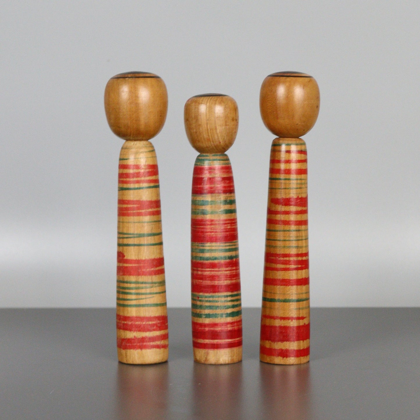 Set of 3 Kokeshi Dolls Dark Wood Stripes