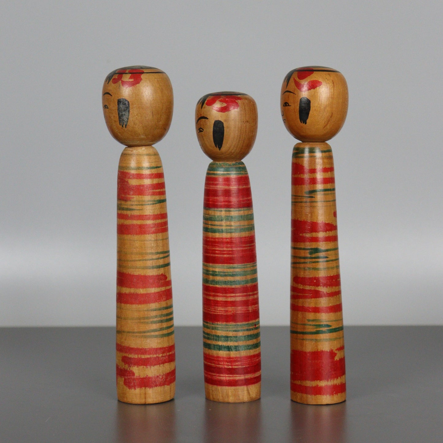 Set of 3 Kokeshi Dolls Dark Wood Stripes