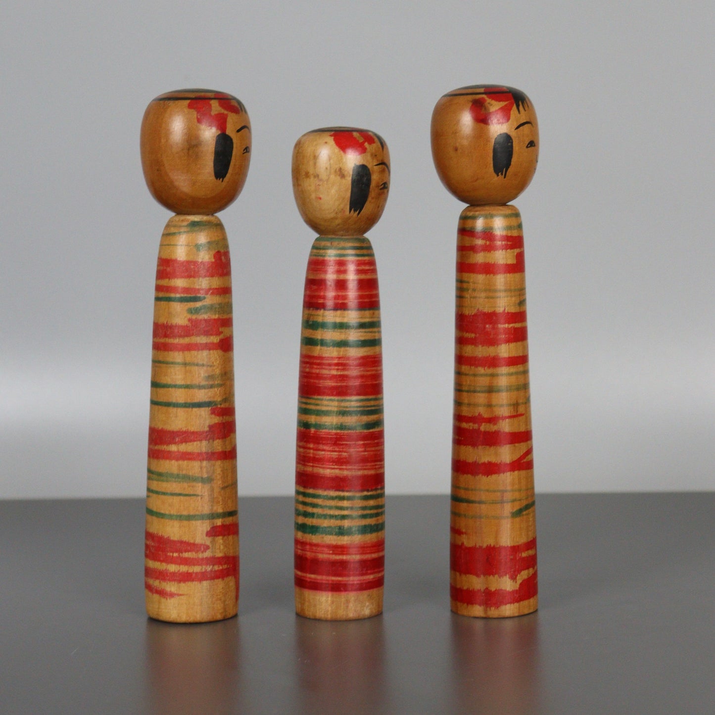 Set of 3 Kokeshi Dolls Dark Wood Stripes