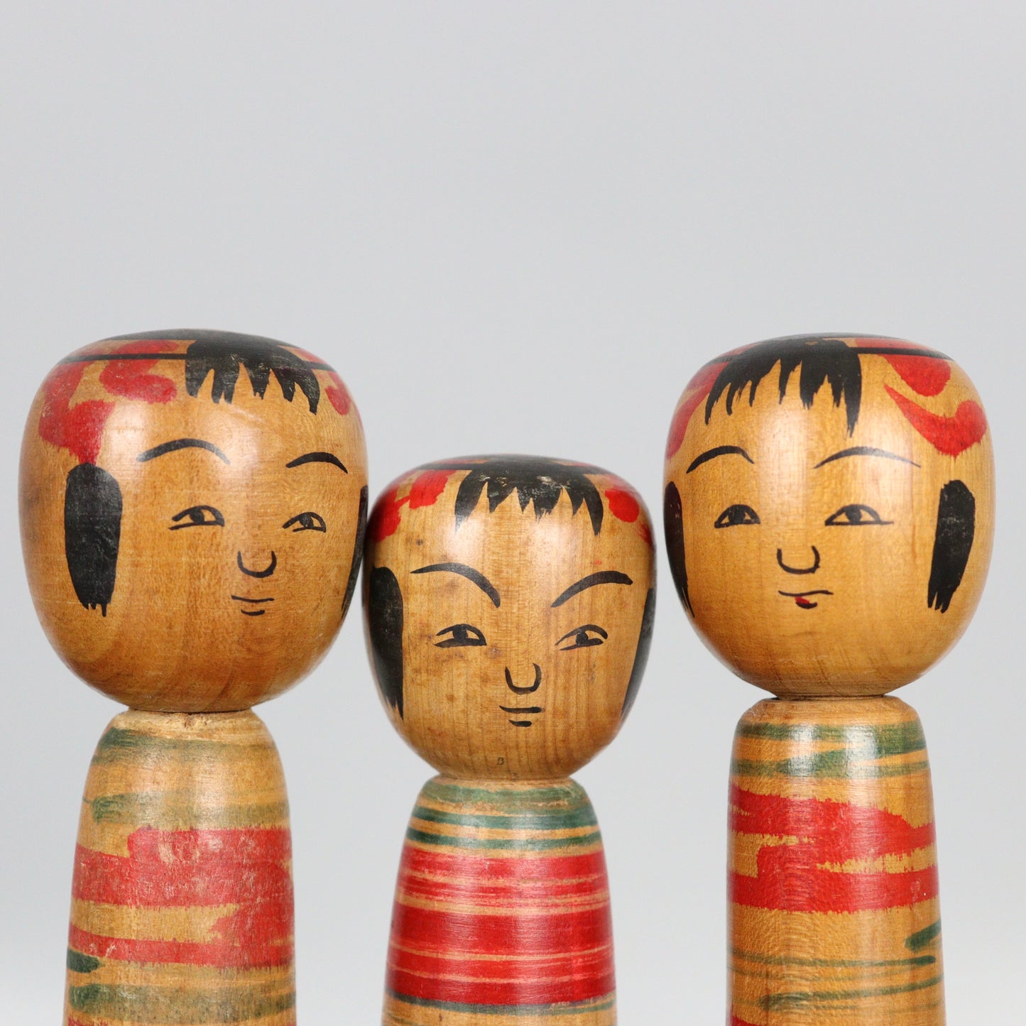 Set of 3 Kokeshi Dolls Dark Wood Stripes