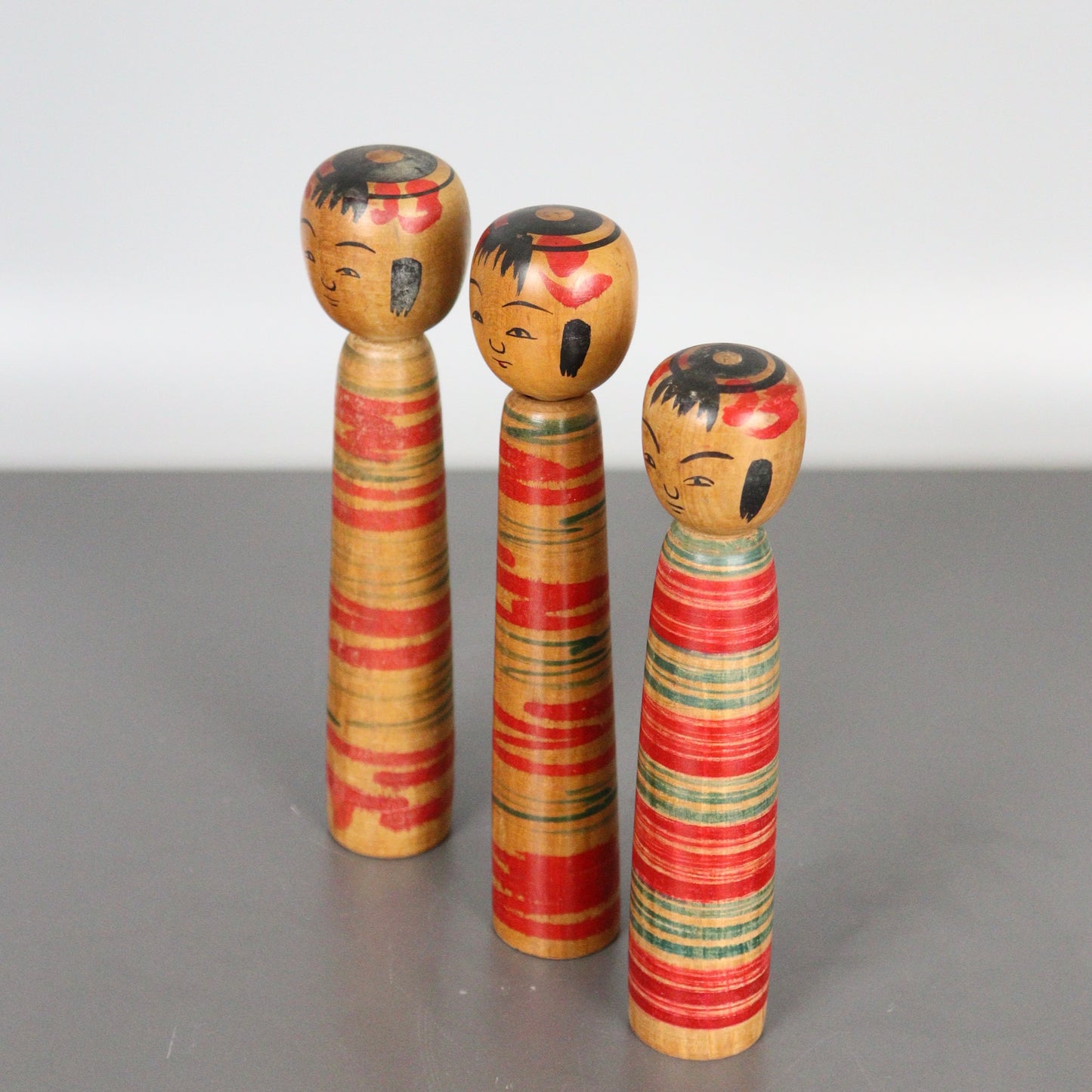 Set of 3 Kokeshi Dolls Dark Wood Stripes