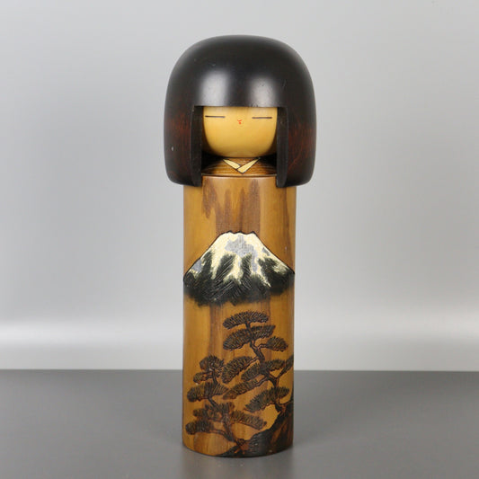 Kokeshi Doll with Mt. Fuji and Pine Tree by Usaburo