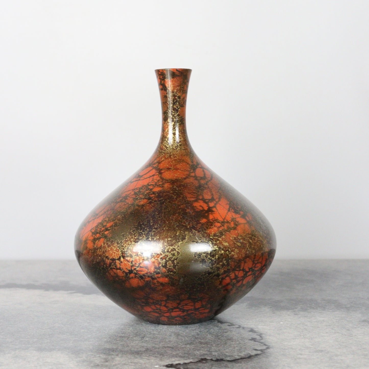 Reddish Orange and Black Bronze Vase with Gold lines