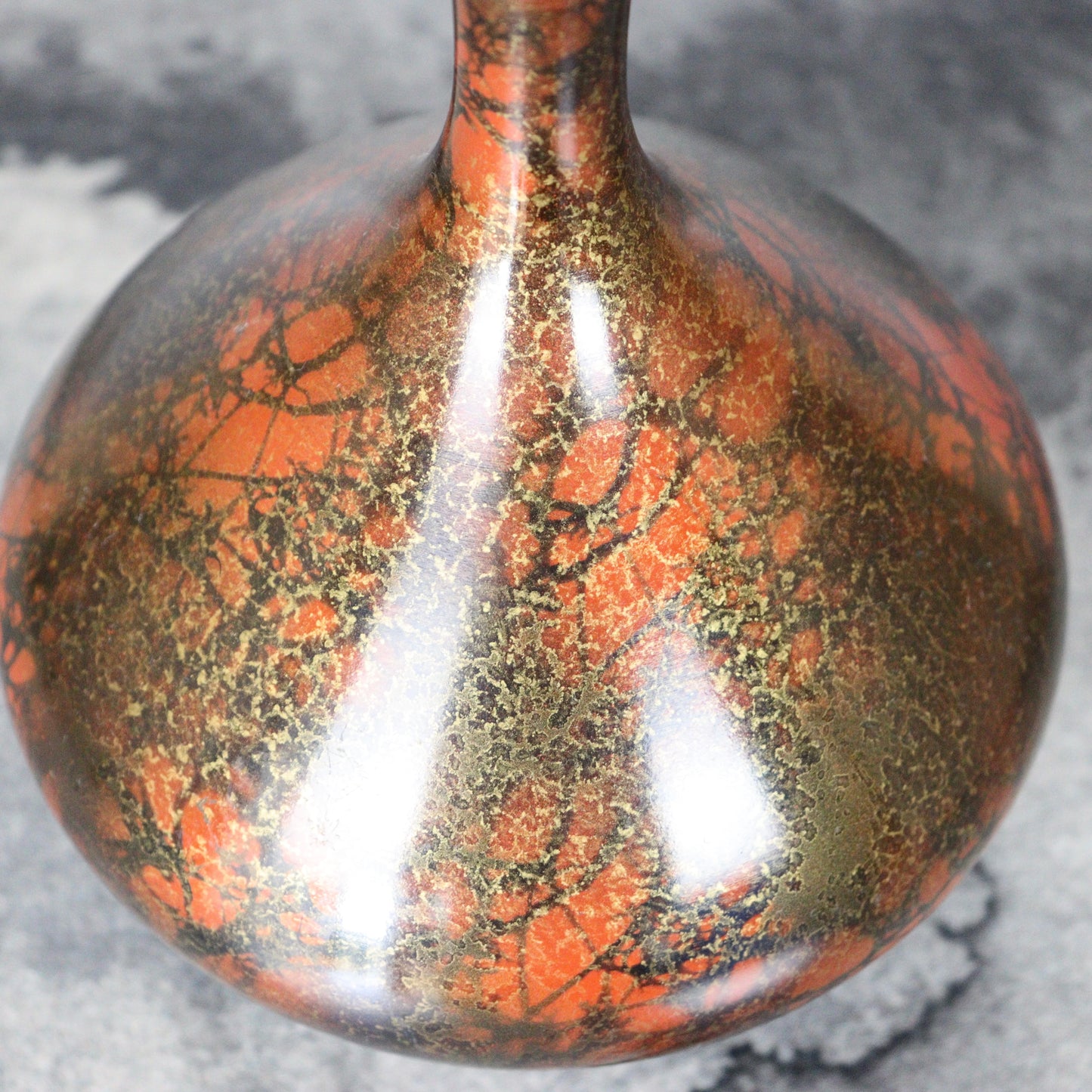 Reddish Orange and Black Bronze Vase with Gold lines