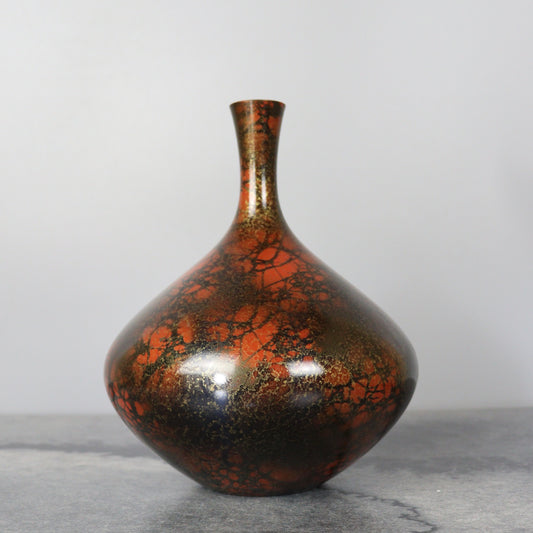 Reddish Orange and Black Bronze Vase with Gold lines