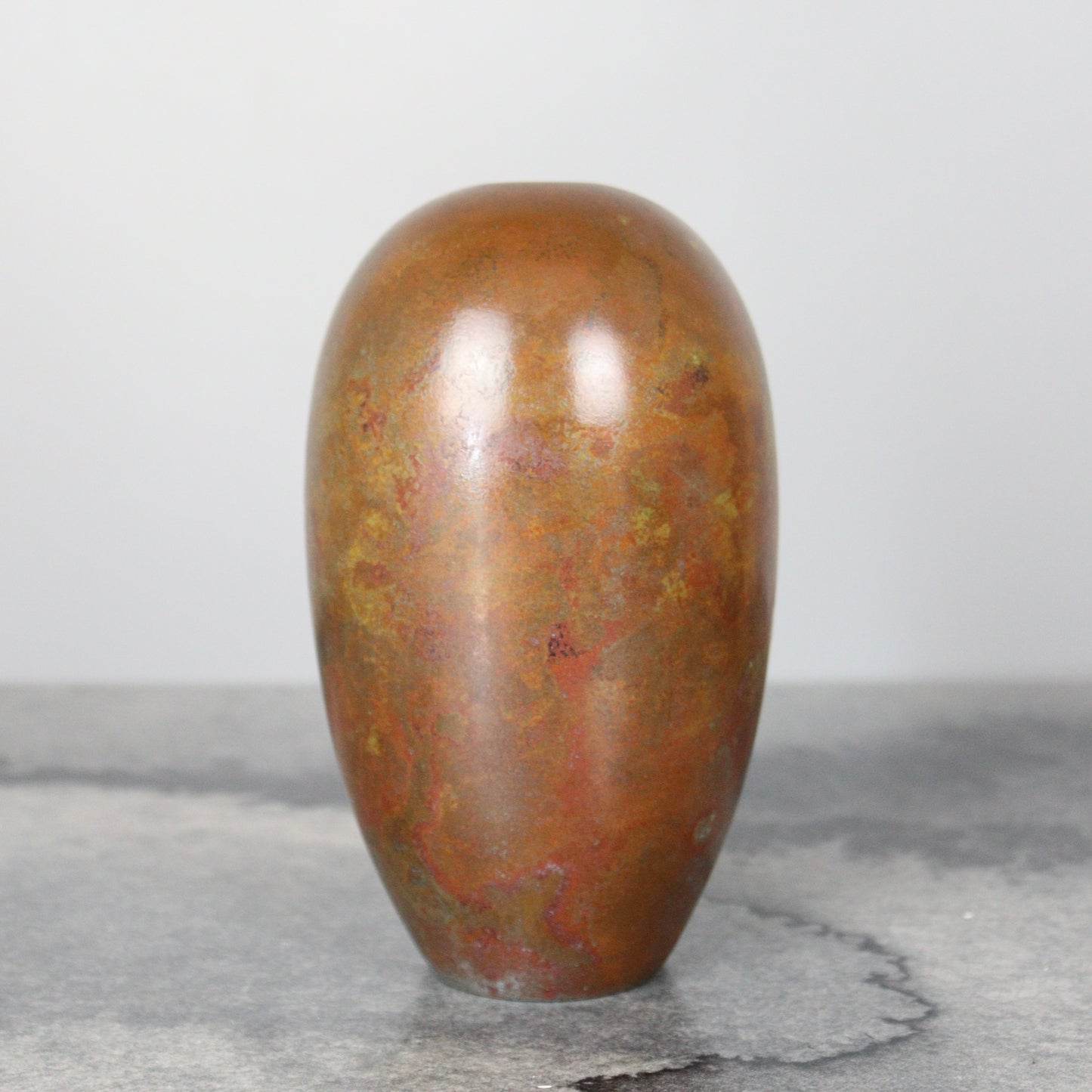 Oval Bronze Vase Multicolored Patina