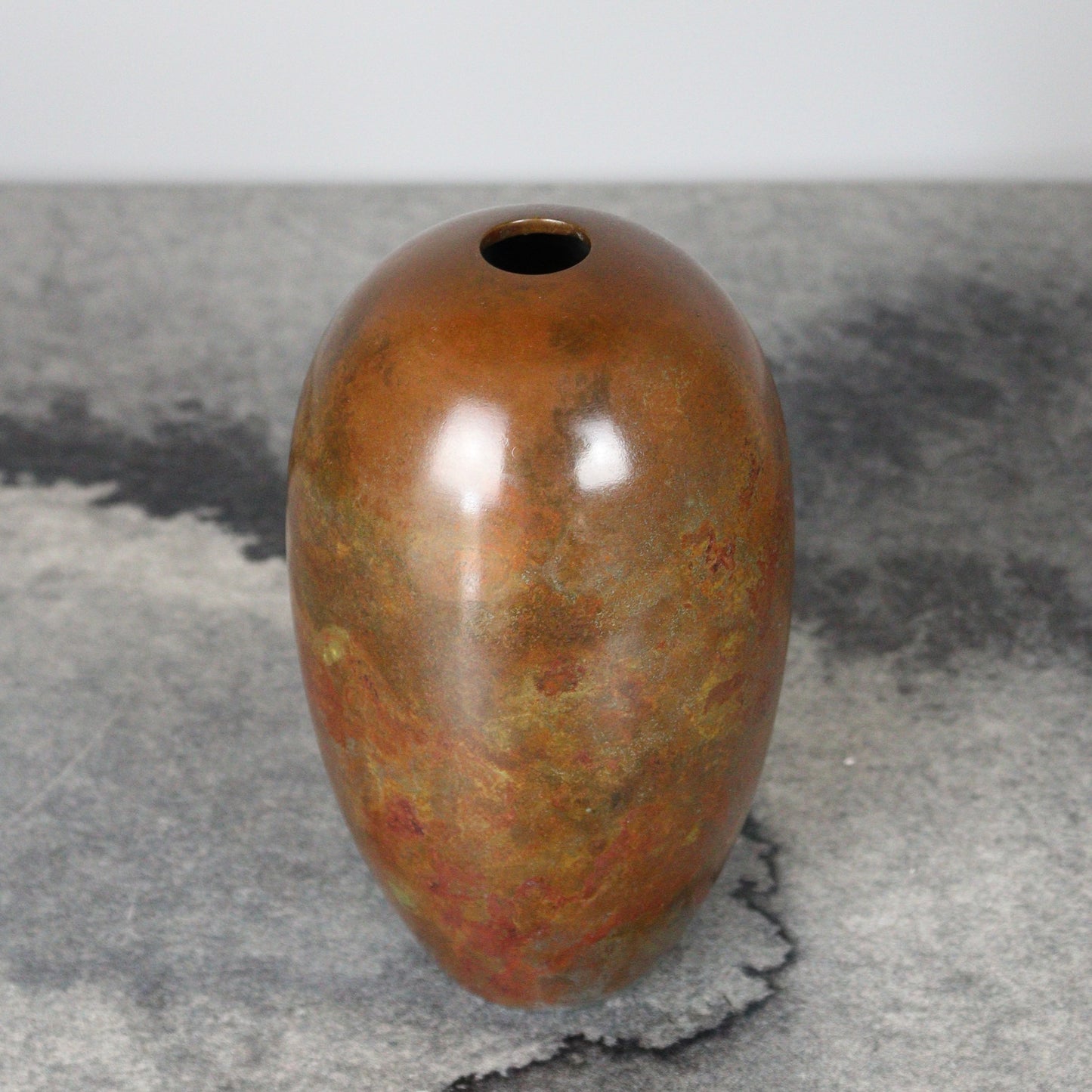 Oval Bronze Vase Multicolored Patina