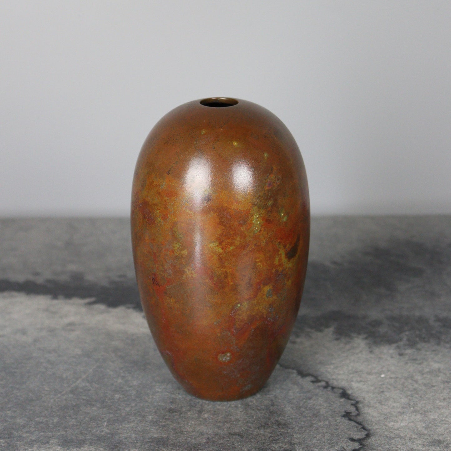 Oval Bronze Vase Multicolored Patina